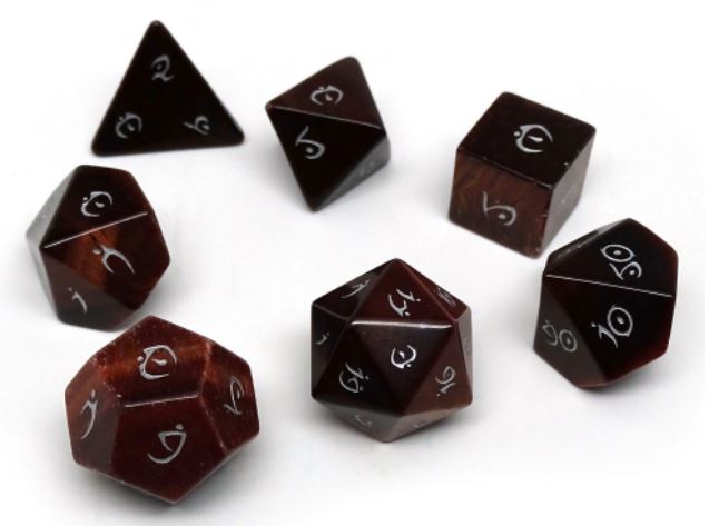 Dice Display Easy Roller Stone Dice Collection - Red Tigers Eye- Elvenkind Font