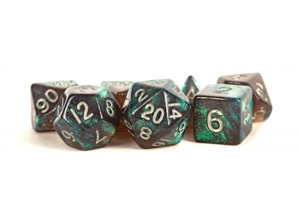 16mm Acrylic Stardust Poly Dice Set: Gray/Silver Numbers (7)