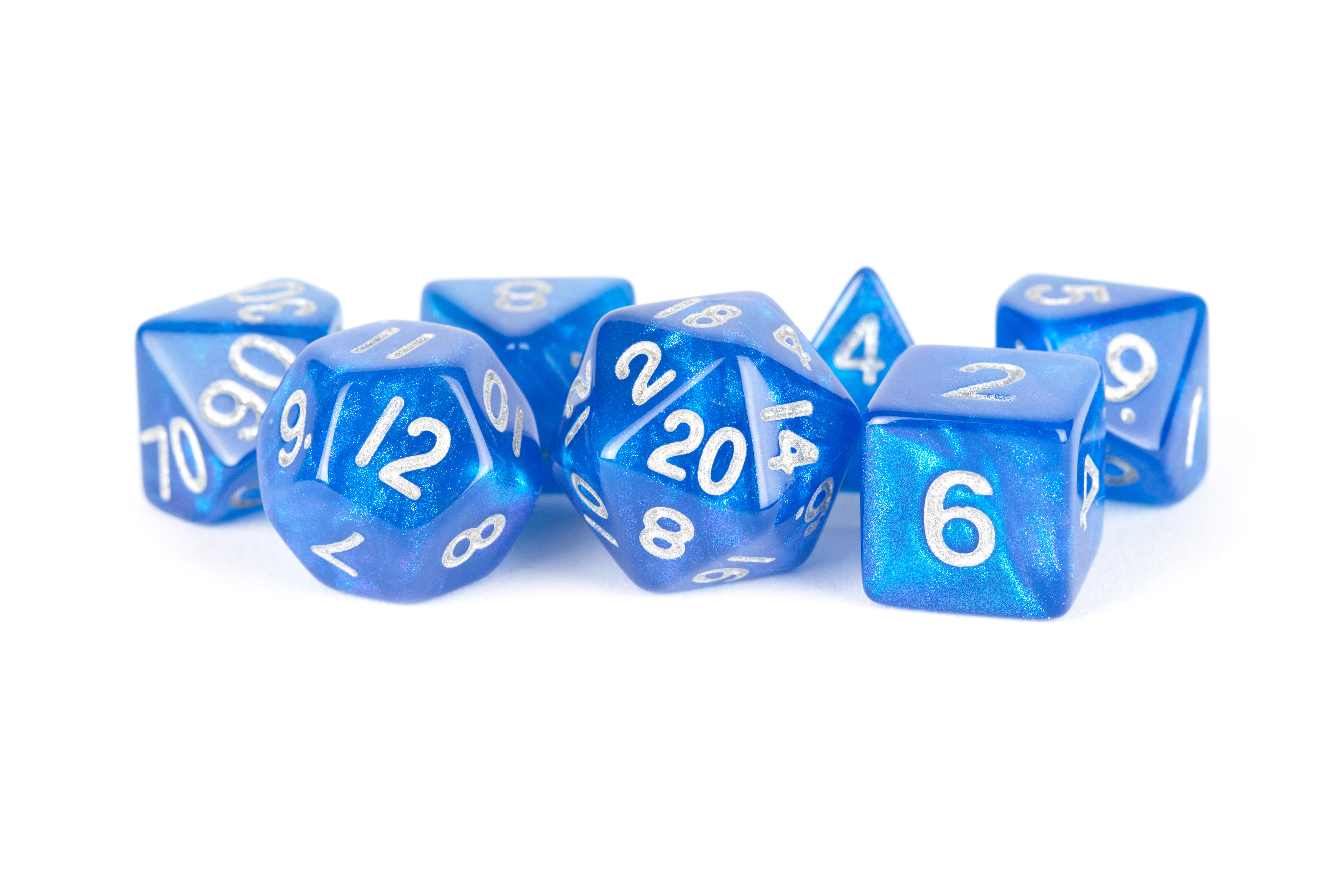 Stardust 16mm Acrylic Poly Dice Set: Blue w/ Silver Numbers (7)